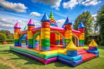 A colorful inflatable castle with a rainbow roof