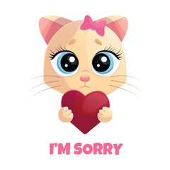 A cute sad kitten girl holds a red heart with her paws and asks for forgiveness. Isolated Valentine's Day vector illustration