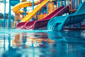 Obraz premium Aquapark sliders with pool. colored plastic water slides with pool in outdoor aqua park. 
