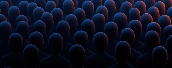 Obraz premium Numerous human silhouettes in soft blue, organized crowd, symbolizing unity or population density