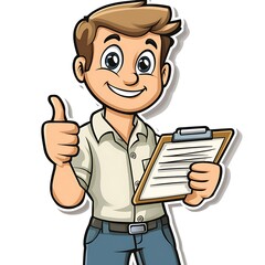 Cartoon employee holding a clipboard and giving a determined thumbs-up on a white background.