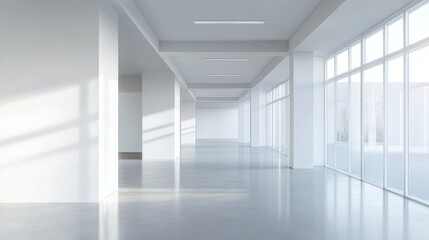 Obraz premium Spacious, modern office interior with large windows, white walls, and abundant natural light, ideal for business and commercial use.