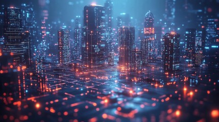 Fototapeta premium Illuminated Cityscape with Digital Circuitry and Glowing Towers