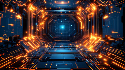 A sci-fi-inspired corridor with glowing orange lights and symmetrical patterns, invoking feelings of futuristic exploration and adventure. Ideal for technology themes.