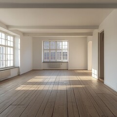Fototapeta premium A large, empty room with a lot of windows. The room is very bright and airy, with the sunlight
