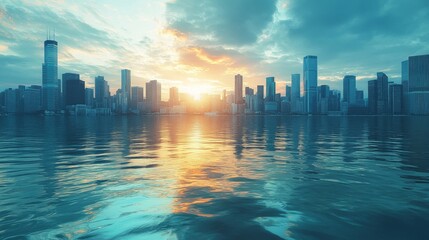 Fototapeta premium City Skyline Reflected in Rippling Water at Sunset