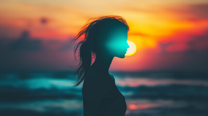 Fototapeta premium A serene woman with long hair gazes at the colorful horizon over the ocean during sunset. She stands on a beach, silhouetted against vibrant twilight skies, embodying tranquility.
