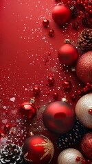 A vibrant Christmas-themed background featuring red and gold ornaments, pine cones, and sparkling decorations on a red surface.