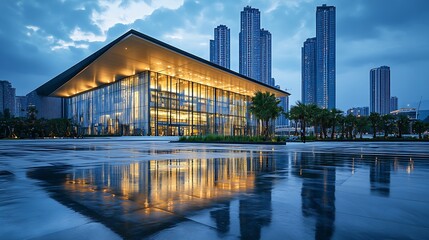 Fototapeta premium Modern Architectural Showcase with Skyscrapers and Reflective Water Surface at Dusk : Generative AI