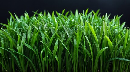 Obraz premium Close-up of Dewy Green Grass Blades Against a Black Background