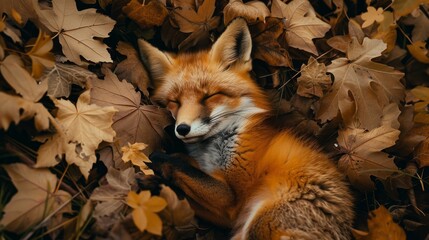 Fototapeta premium A serene red fox peacefully sleeping amidst a bed of fallen autumn leaves in a forest, showcasing the beauty of wildlife and nature.