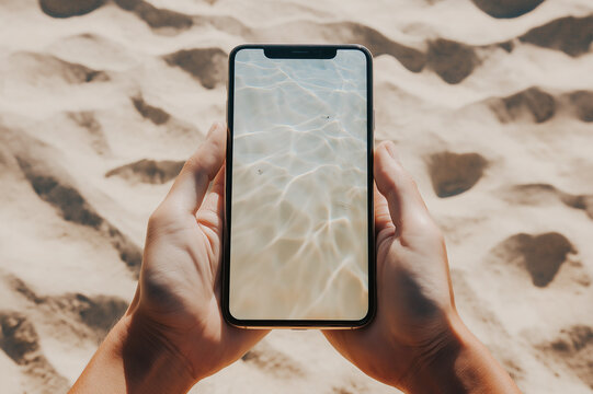 A smartphone with a blank screen is held over sandy beach background, ideal for app or website mockup. Plenty of copy space available for text placement. - Powered by Adobe