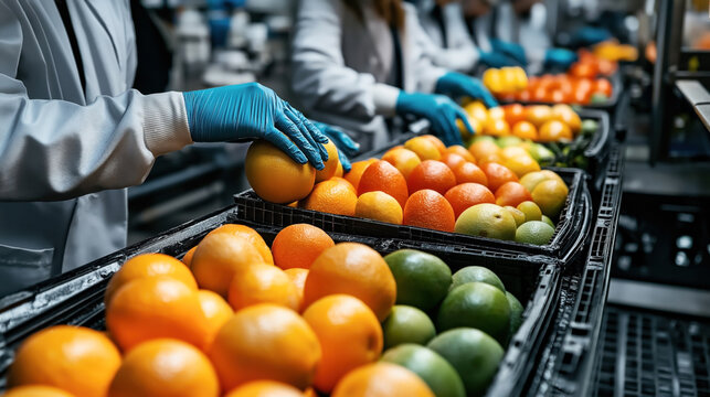Workers in laboratory coats and blue gloves sorting ripe citrus fruits, including oranges and limes, into black plastic crates on an assembly line in a production facility.