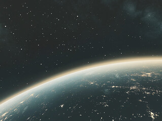 Obraz premium A serene view of Earth’s curvature set against the starry expanse of space, highlighting the planet’s delicate beauty in contrast to the surrounding void.