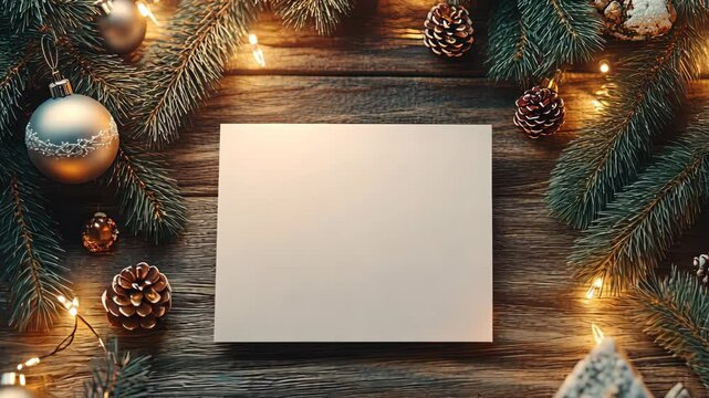 Christmas mockup of a blank holiday card on a wooden table, surrounded by pine branches, ornaments, and a twinkling Christmas tree. . Video