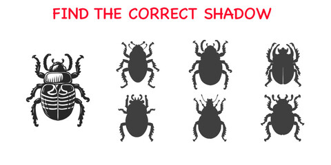 Obraz premium Worksheet page with education task to Find the correct shadow. Educational game for kids to choose right silhouette of insect. Attention task to match suitable figure for beetle. Activity task.