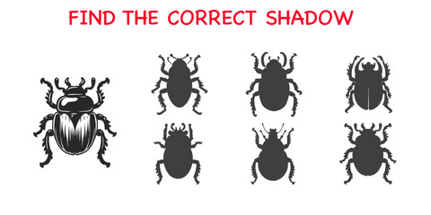 Obraz premium Educational game to Find the correct shadow for kids. Attention task to compare beetle and silhouettes, choose right silhouette. Vector illustration