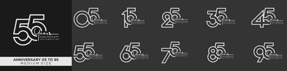 collection anniversary 15 to 95 year, creative number design vector illustration.