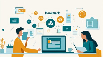 Two colleagues working together on a project, with a laptop computer and various digital documents around them.