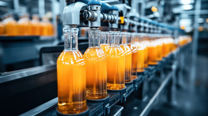 Automated assembly line in beverage factory filling transparent bottles with orange liquid under industrial manufacturing setting
