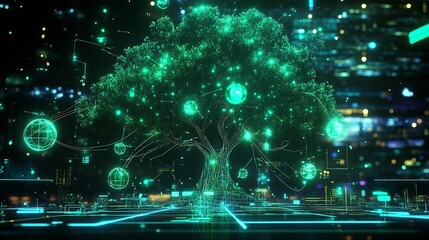 Fototapeta premium Virtual Reality Cyber Tree with Neon Glow in High Tech Digital Cityscape : Generative AI