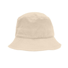 Beige bucket hat suitable for outdoor activities. Wide brim and flat crown provide sun protection. Perfect for summer fashion.