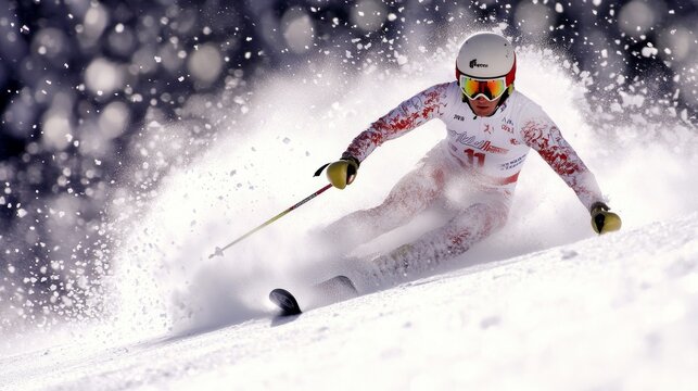Speed and Precision: Competitive Skier Racing Down Slalom Course with Intense Focus and Snow Flying - Winter Sports Action Shot with Ultra-Detailed View
