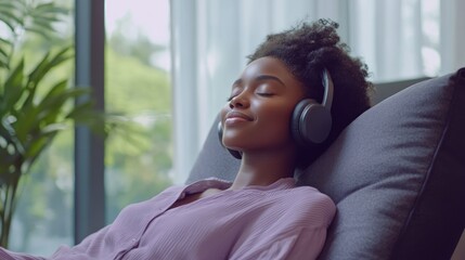 Young woman relaxing in a chair, listening to music with headphones.
