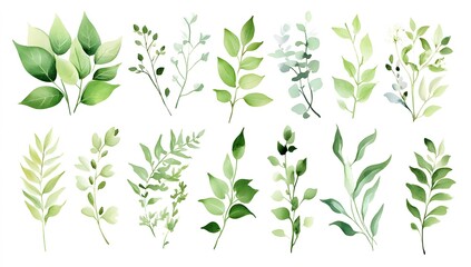 Gentle Watercolor Green Leaves and Plant Sprigs
