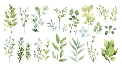 Gentle Watercolor Green Leaves and Plant Sprigs
