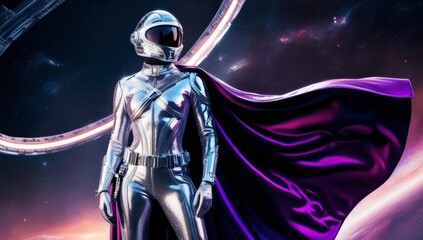 Naklejka premium A futuristic astronaut in a sleek, metallic spacesuit and reflective helmet stands confidently with a flowing, deep-purple cape against a cosmic background of galaxies and stars