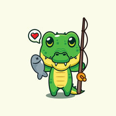 Crocodile catching fish with fishing rod cartoon vector illustration
