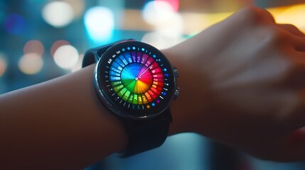 A Colorful Circular Display on a Smartwatch Worn on a Wrist