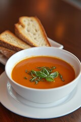 Warm tomato basil soup served in a bowl with slices of artisanal bread on a wooden table in a cozy dining setting