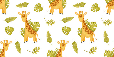 Fototapeta premium Cute baby giraffe,tropical Monstera leaves. Background of jungle animal. Watercolor Print for design kid's clothes, fabric, wallpaper, office supplies