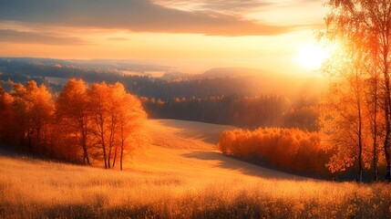 Serene Autumn Sunset Over a Vibrant Hillside with Vibrant Fall Foliage Landscape