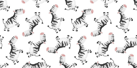 Naklejka premium Cute baby Zebras. Watercolor Baby seamless pattern of jungle animal. Background with African stripey horse for kid's clothes, scrapbooking, fabric, wallpaper, office supplies