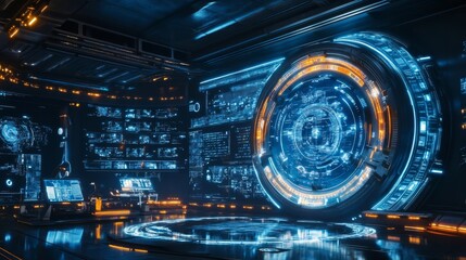 Obraz premium High-Tech Room with Large Holographic Displays