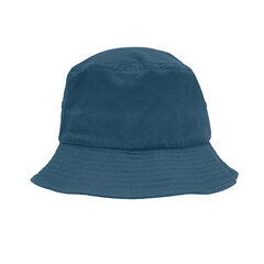 Blue fabric bucket hat with wide brim for casual fashion. Suitable for apparel and accessory headwear concepts in fashion design.