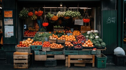Colorful fruit and vegetable market stall with a variety of produce, including tomatoes, peppers, cucumbers, and citrus fruits displayed in baskets and crates.