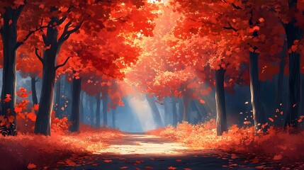 Enchanting Autumn Pathway Through Vibrant Maple Forest Landscape