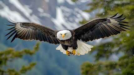 Fototapeta premium An aweinspiring view of an eagle flying directly towards the camera, showcasing its sharp talons and piercing gaze as it effortlessly navigates through the mountainous terrain