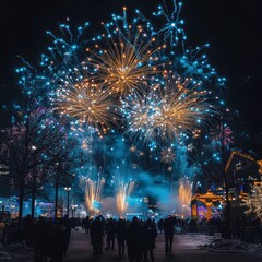 New Year Eve fireworks display with music and lights