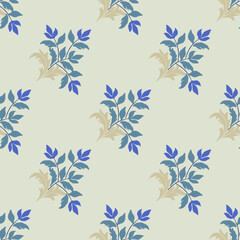 Blue and cream leaves embroidery, motif ethnic ikat seamless textile illustration, print striped ornament, pattern, design for wrapping, silk, scarf, clothing, textile, carpets, curtains.