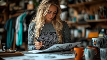Fototapeta premium Dedicated Artist Drawing Detailed Artwork in Personal Creative Studio : Generative AI