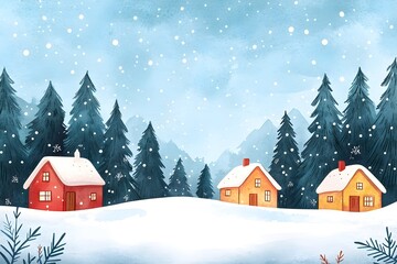 Fototapeta premium Cozy Snowy Landscape with Pine Cabins Peaceful Winter Day in Watercolor Style