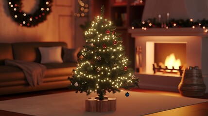 Decorated Christmas Tree with Lights and Ornaments in a Cozy Living Room