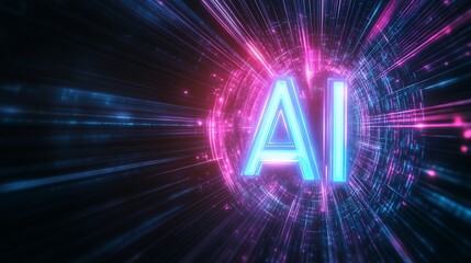 Futuristic AI Neon Glow with Dynamic Light Burst Effect in Digital Space : Generative AI