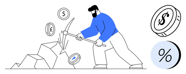 Man using pickaxe to extract various currency symbols from the ground. Ideal for financial planning, investments, economic growth, wealth management, financial literacy, budgeting, and money-saving