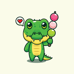 Crocodile eating dango cartoon vector illustration.